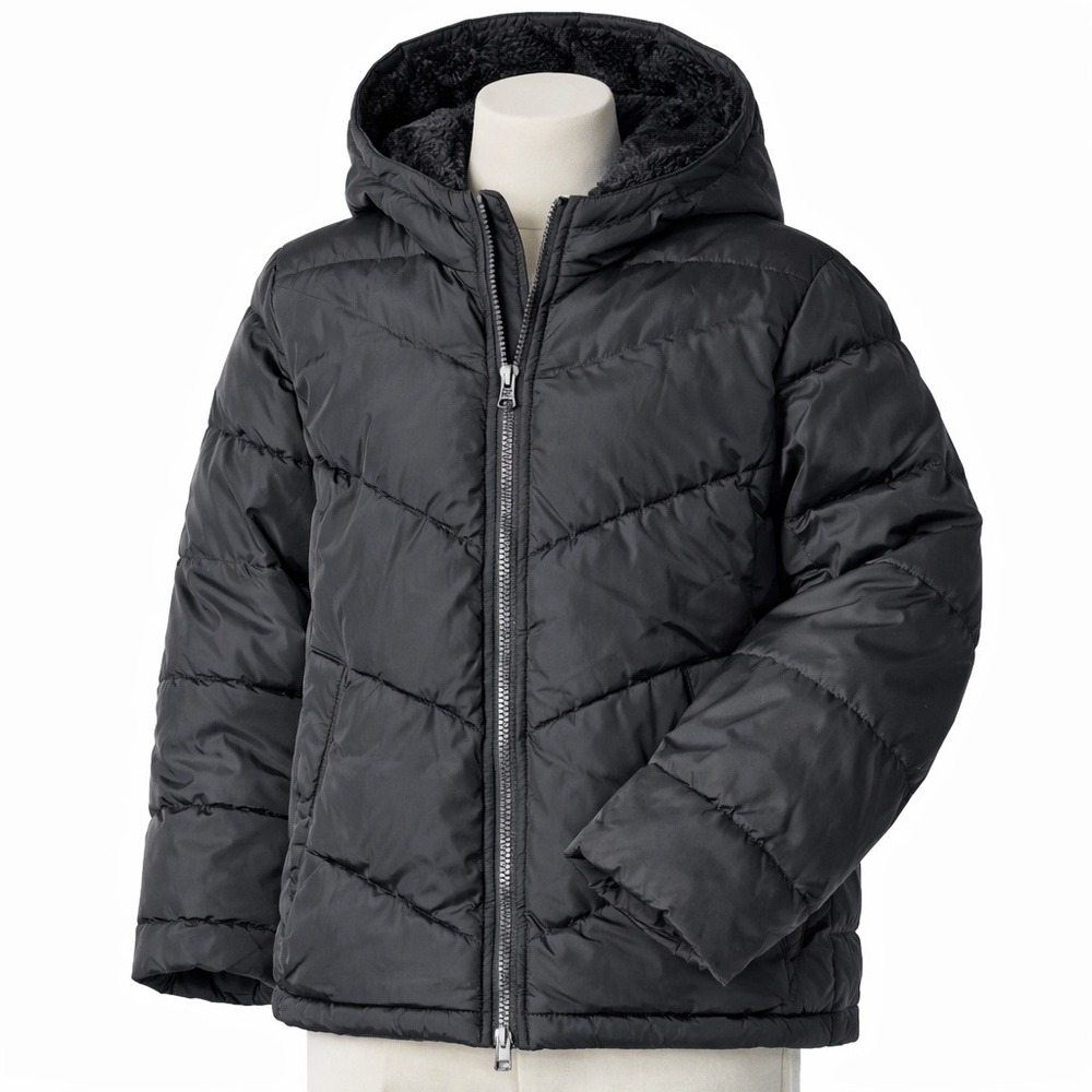 Swiss Tech Girls Black Puffer Jacket Faux Fur Lined Hooded Coat Size L 10-12